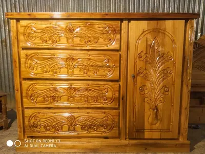 Wooden cabinet with carved door panel