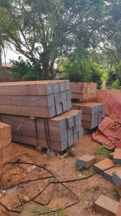 Sawn timber blocks stacked under a tree